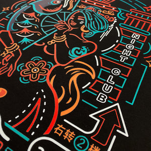 Neon - a close-up of featuring the graphic design inspired by vintage Shanghai neon lights, printed on the front of a Japanese style black heavyweight T-shirt-2