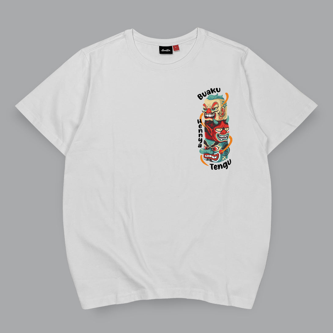 Legendary creatures- a Japanese style white heavyweight T-shirt featuring a design of legendary creatures found in Japanese folk religion, printed on the front