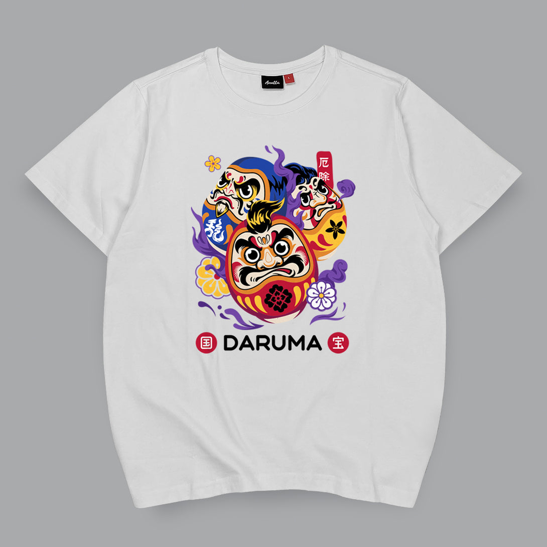 Daruma - A Japanese style white heavyweight T-shirt featuring a graphic design of Japanese drama doll printed on the front