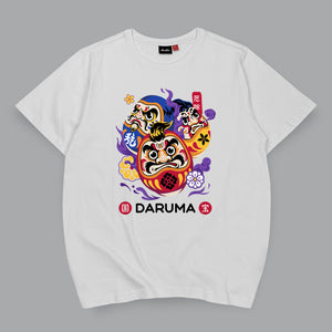 Daruma - A Japanese style white heavyweight T-shirt featuring a graphic design of Japanese drama doll printed on the front