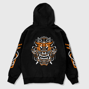 Oni mask - A Japanese style black hoodie showcasing an intricate illustration of an abstract-style Japanese oni mask printed on the back, with graphics printed on both sleeves