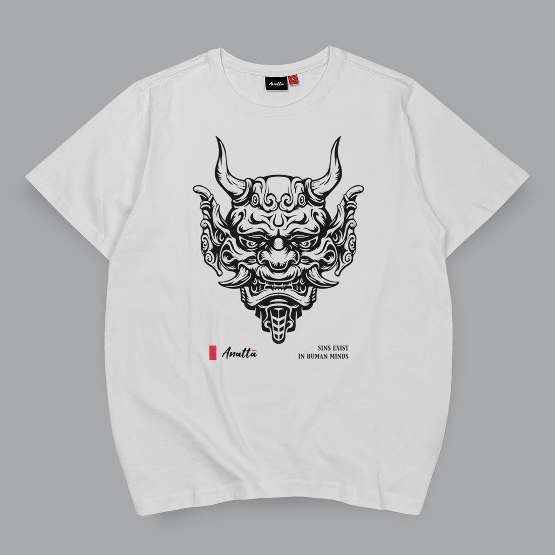Sins Exist In Human Minds - a Japanese style white heavyweight T-shirt featuring the graphic design inspired by Japanese Oni masks, printed on the front