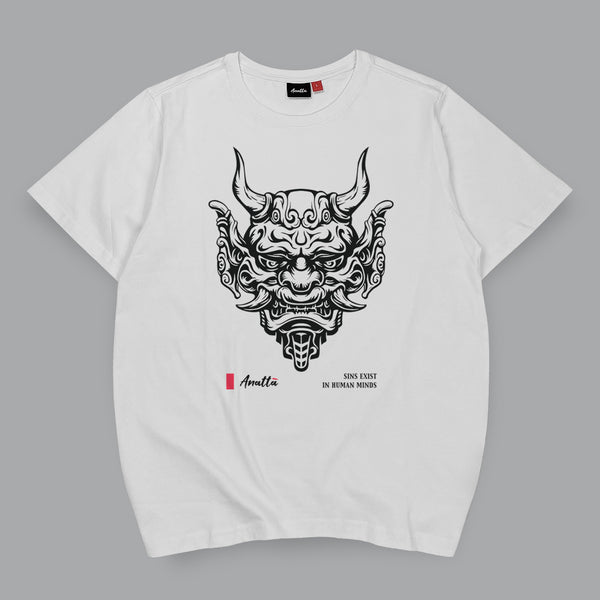 Sins Exist In Human Minds - a Japanese style white heavyweight T-shirt featuring the graphic design inspired by Japanese Oni masks, printed on the front