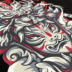 Kitsune - a close-up of the design of an intricate Japanese-style kitsune printed on the front of a Japanese style black heavyweight T-shirt -3