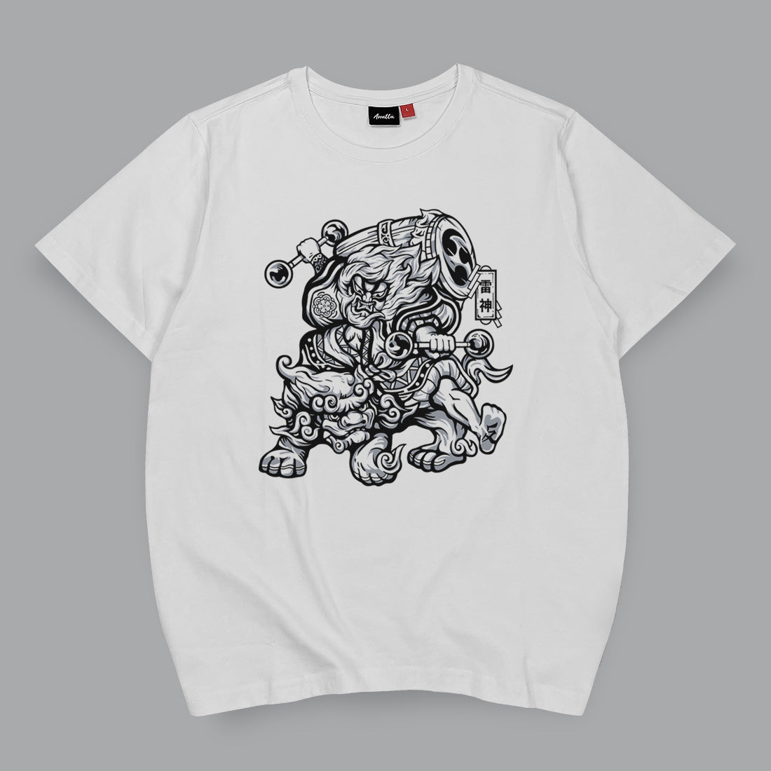 Oriental Thunder God - A Japanese style white heavyweight T-shirt featuring the oriental thunder god  graphic design printed on the front.