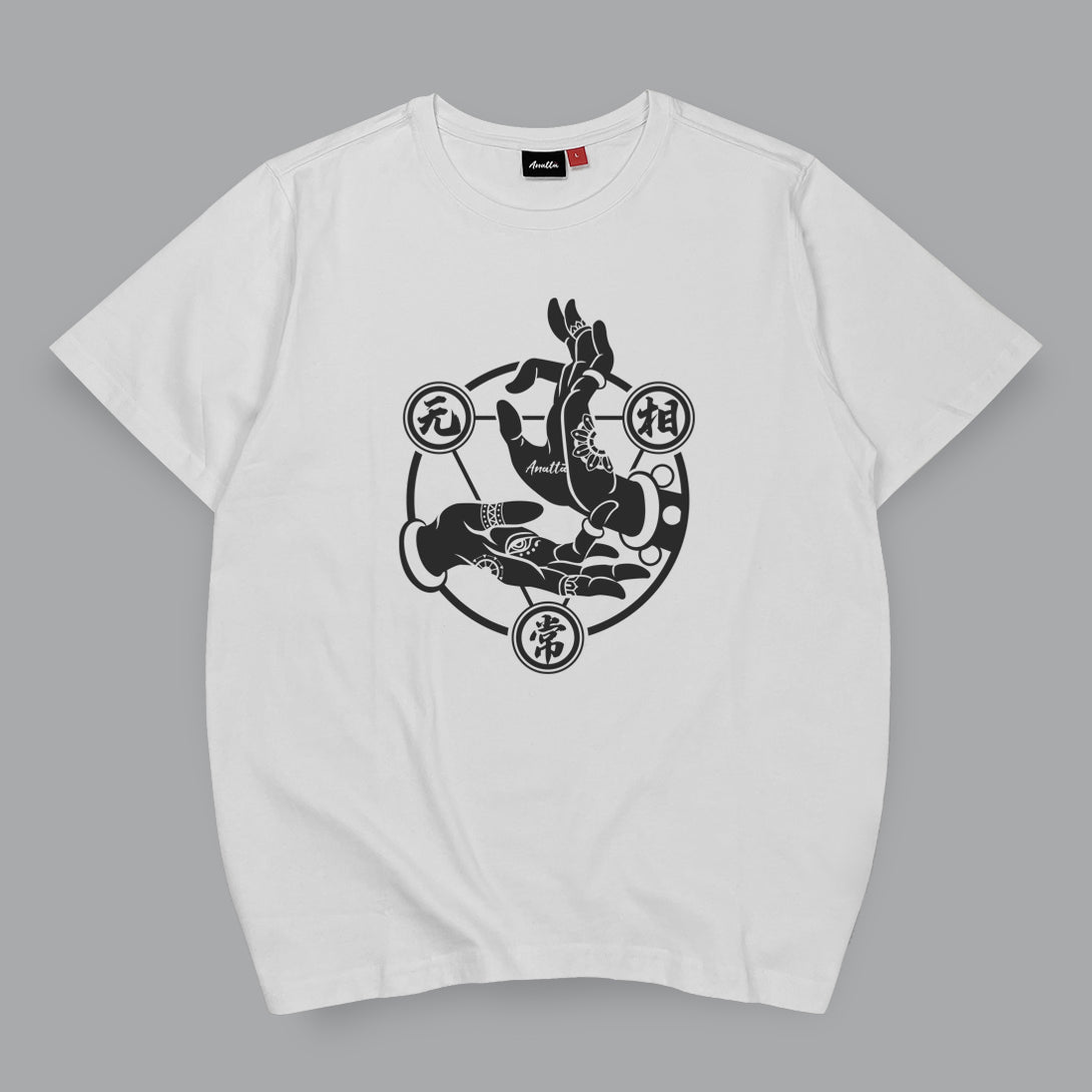 Mudra - A Japanese style white heavyweight T-shirt featuring a graphic design of Buddhism Mudra printed on the front