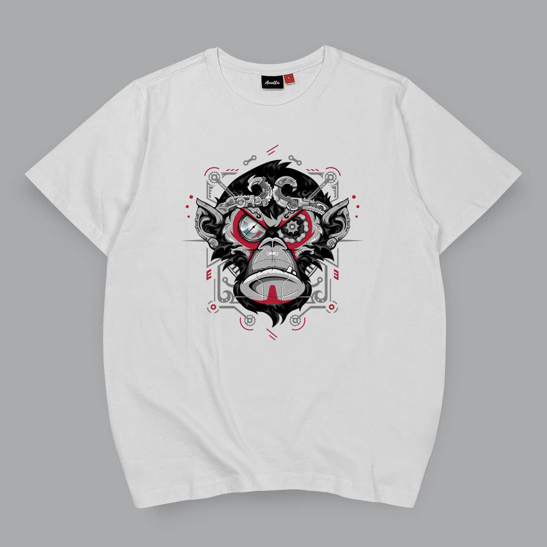 Monkey king - A Japanese style white heavyweight T-shirt featuring the intricate graphic design of a steam-punk style monkey king, printed on the front