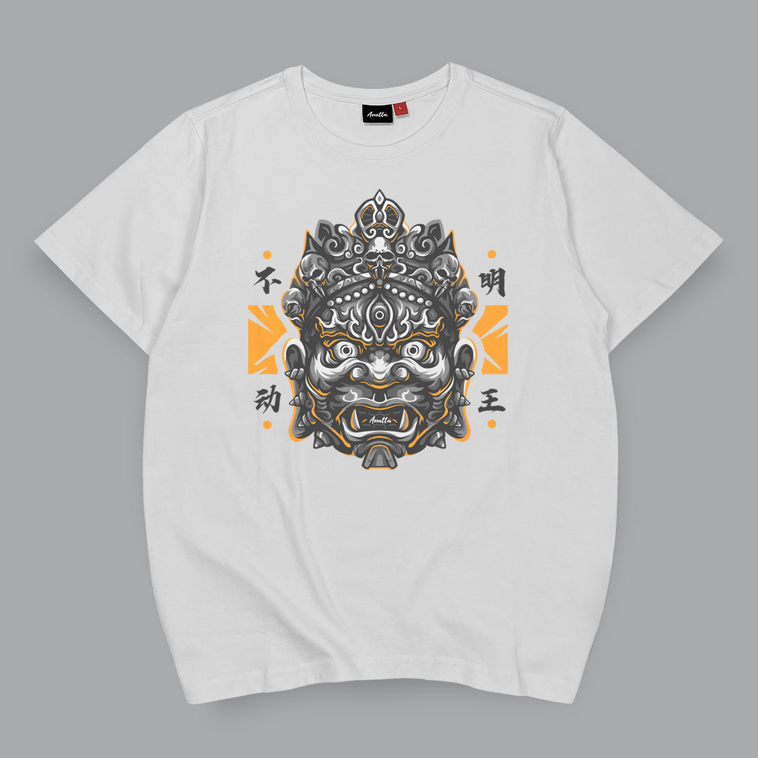 fodo myoo - A Japanese style white heavyweight T-shirt featuring the graphic design of the Japanese buddhist guardian deity-fodo myoo, printed on the front