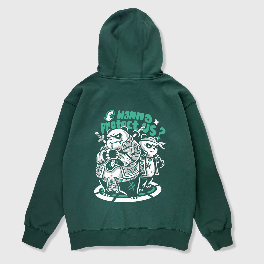 Panda Gang - A Japanese style dark green hoodie featuring a graphic design of two fierce panda gang members with the caption 'wanna protect us?' printed on the back 