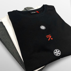 Kamon - a close-up of Japanese kamon design, printed on the front of a Japanese style black heavyweight T-shirt-1