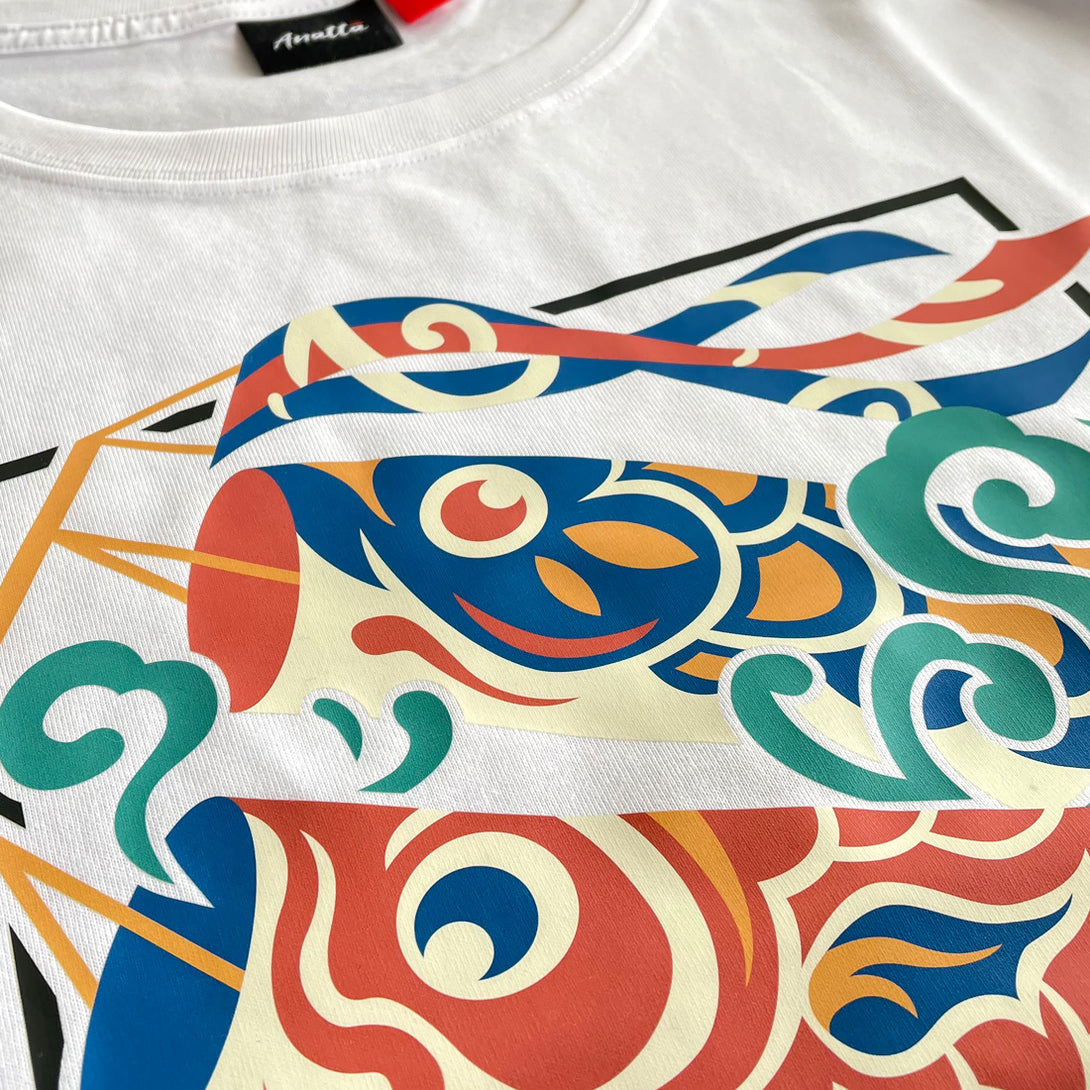 Koinobori - a close-up of a design of Japanese carp streamers printed on the Japanese style white heavyweight T-shirt-1