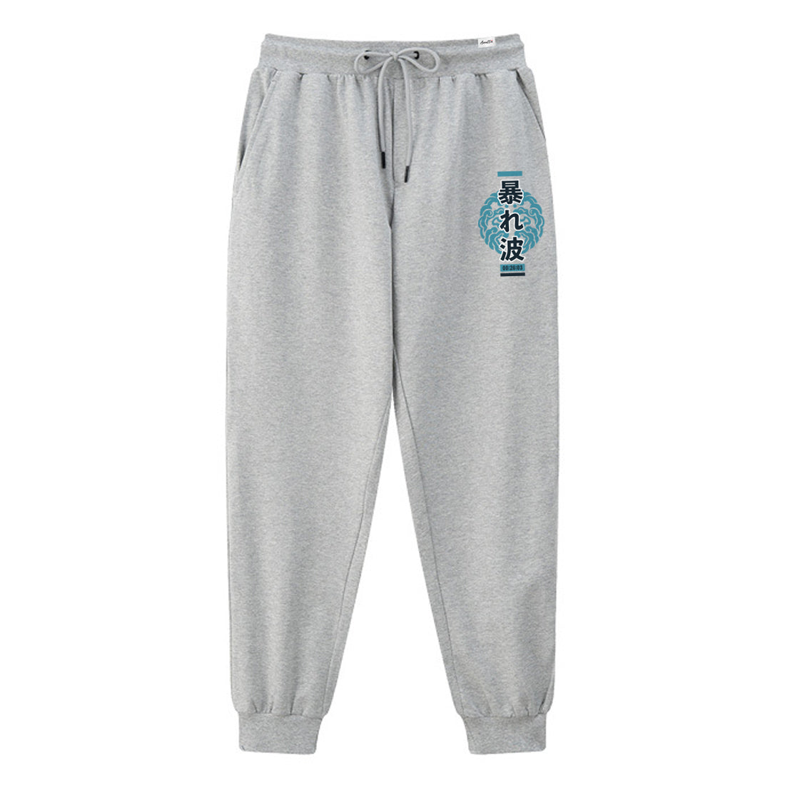 Rogue wave - A Japanese style light grey sweatpants featuring a combination of traditional Japanese patterns and Japanese characters, printed on the left.