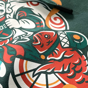 Ebisu - a close-up of the Ebisu graphic design printed on the front of the Japanese style dark green hoodie-2