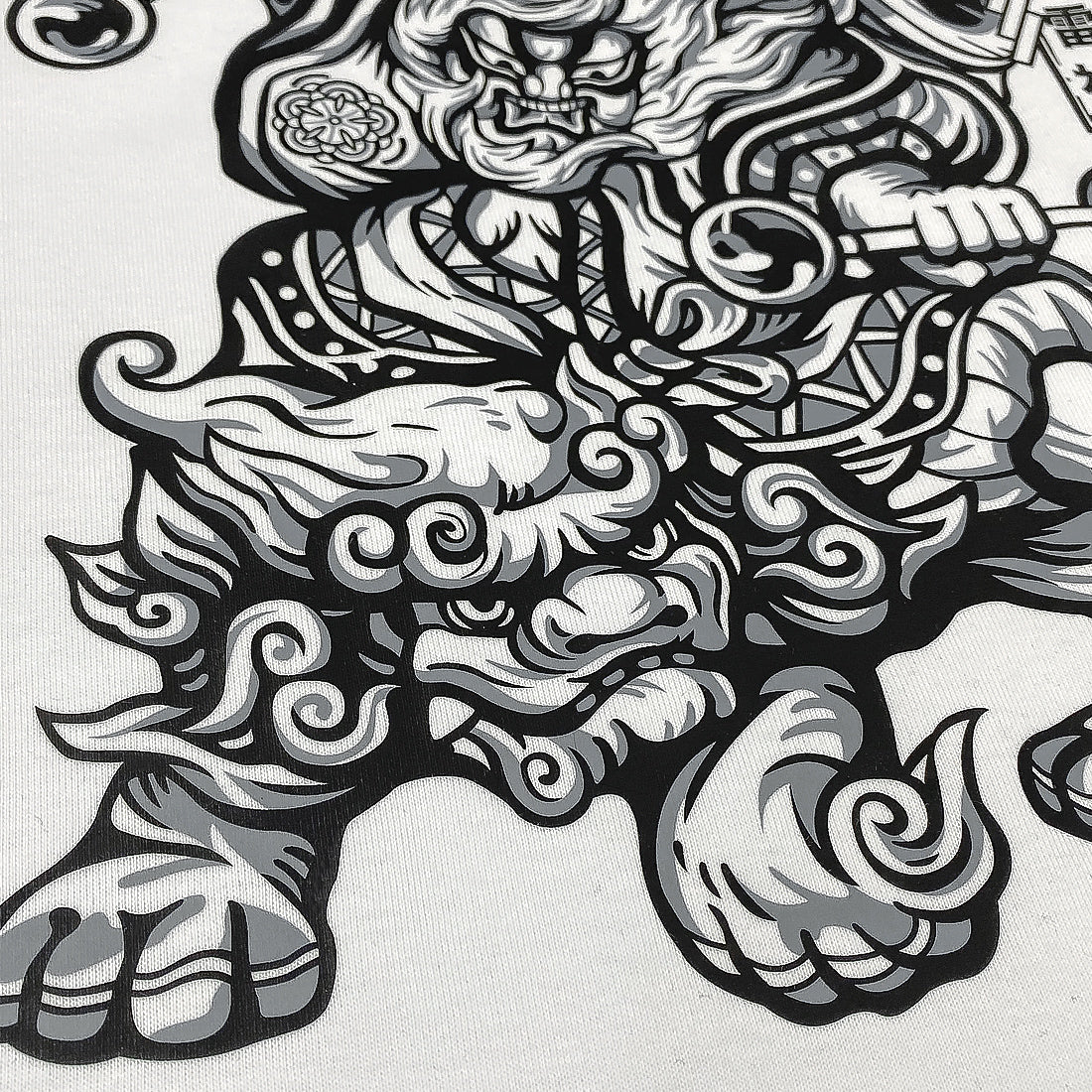 Oriental Thunder God - a close-up of the oriental thunder god graphic design printed on the front of a Japanese style white heavyweight T-shirt -2