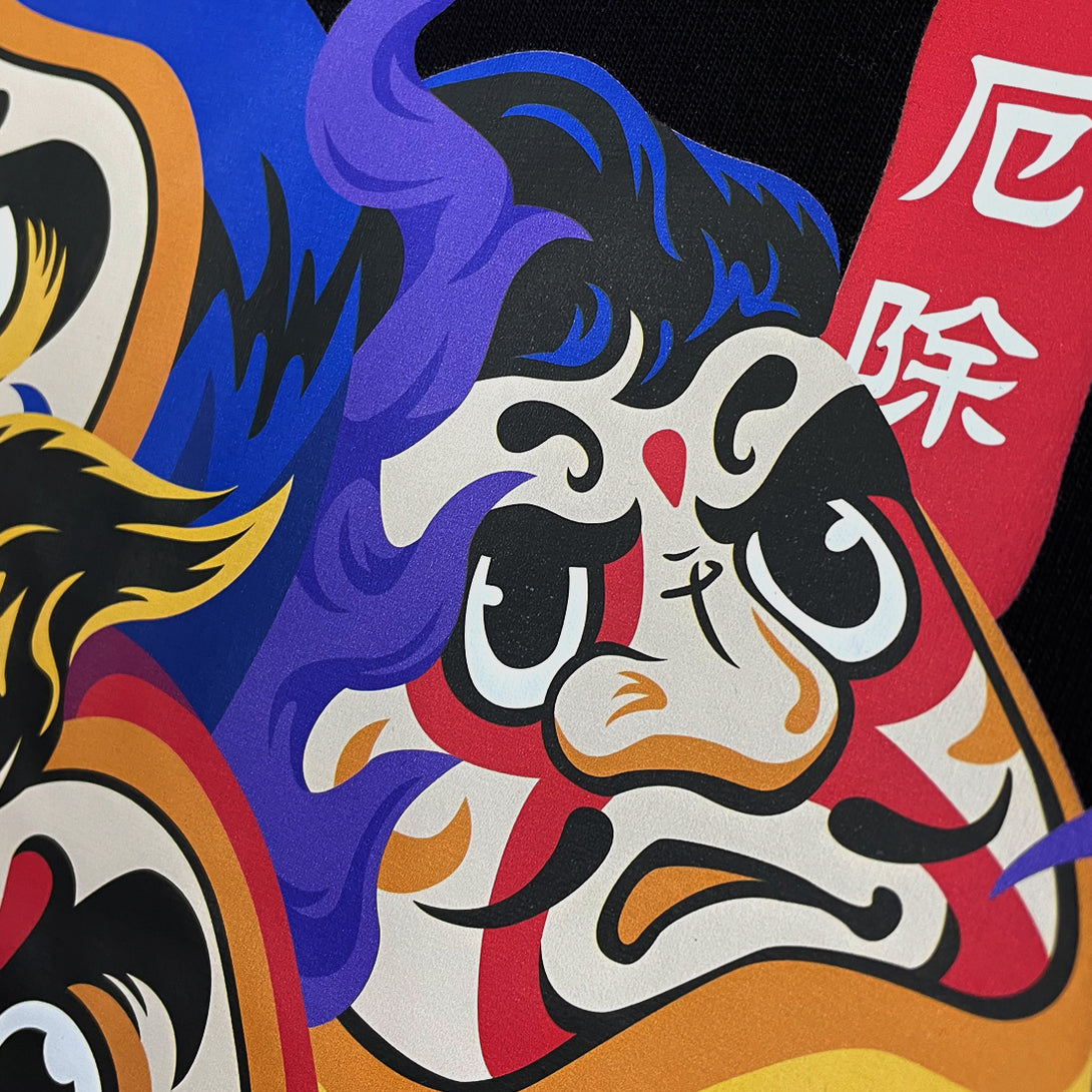 Daruma - a close-up of a graphic design of Japanese drama doll, printed on the front of a Japanese style black heavyweight T-shirt-2