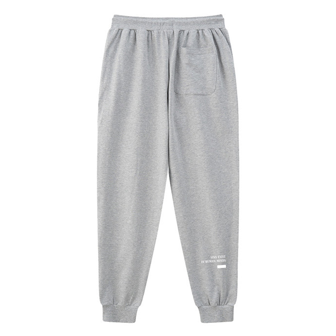 Sins Exist In Human Minds - A Japanese style light grey sweatpants with a small graphic printed on the back-back view