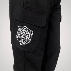 Onigawara - a Japanese style black flap pocket pants with original design printed on the two pockets- right side view