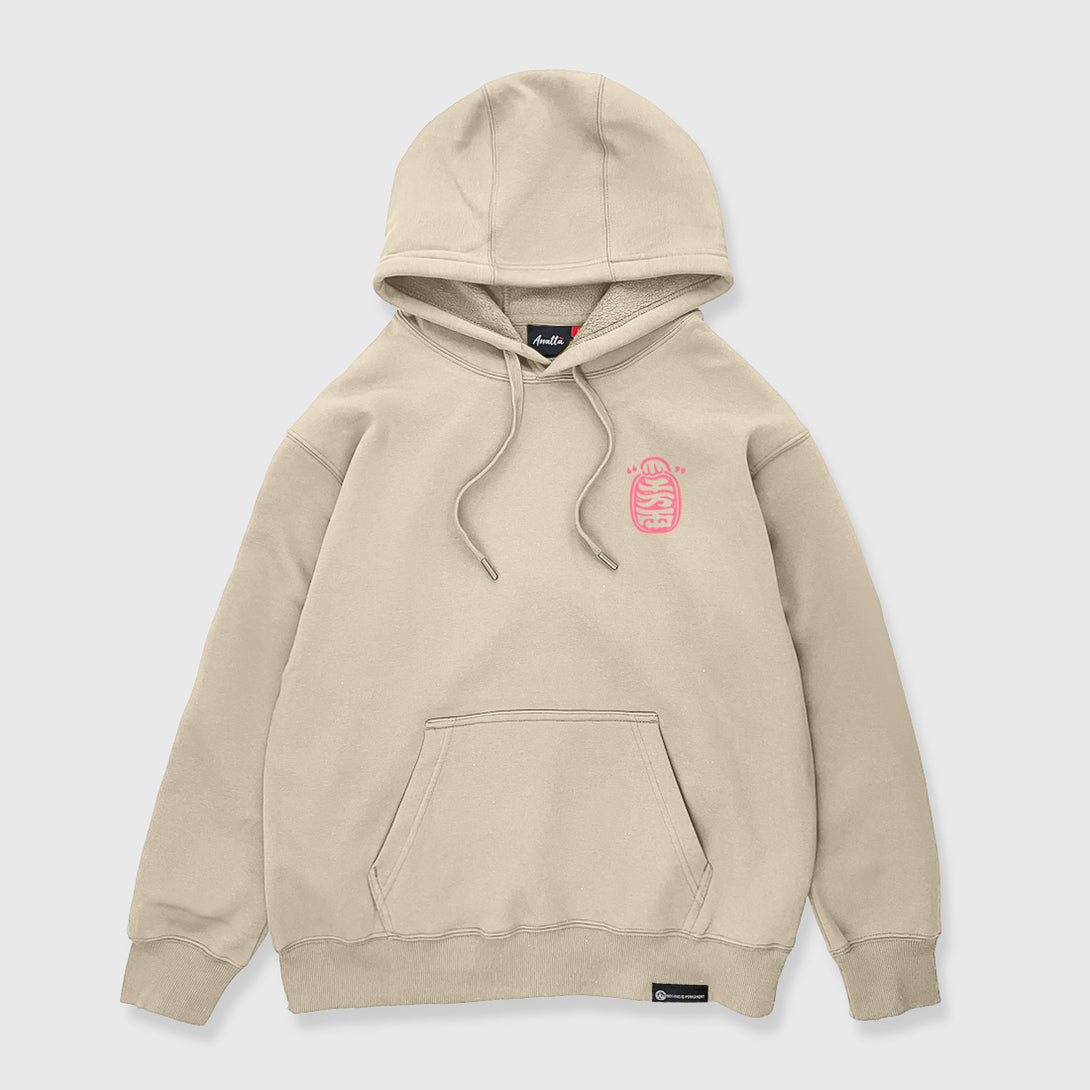 Not to believe in luck - Front view of the Japanese style khaki hoodie, featuring a small graphic design on the front