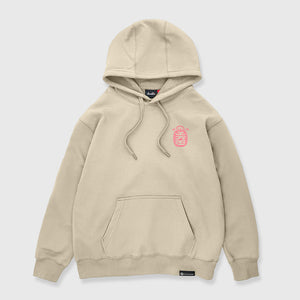 Not to believe in luck - Front view of the Japanese style khaki hoodie, featuring a small graphic design on the front