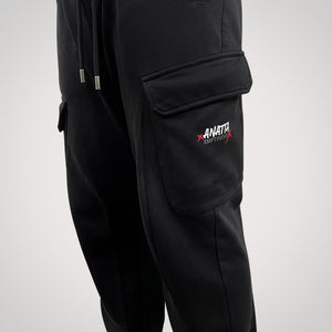 Emptiness - a Japanese style black flap pocket pants with original design printed on the two pockets- left side view