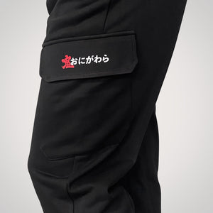 Onigawara - a Japanese style black flap pocket pants with original design printed on the two pockets- left side view
