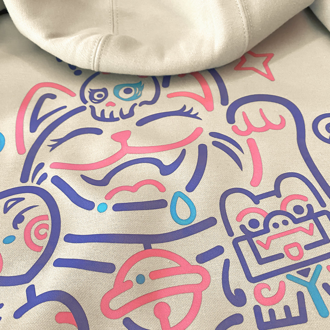 Not to believe in luck - a close-up of a design of a lucky cat on the back of a Japanese style khaki hoodie-1