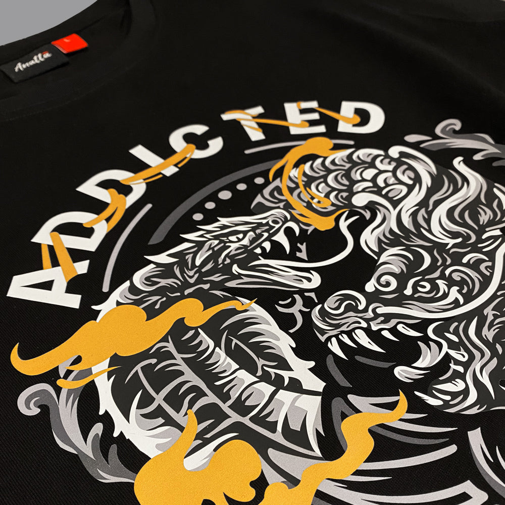 Addiction - a close-up of the design of a dragon and a snake in combat, printed on a Japanese style black heavyweight T-shirt-1