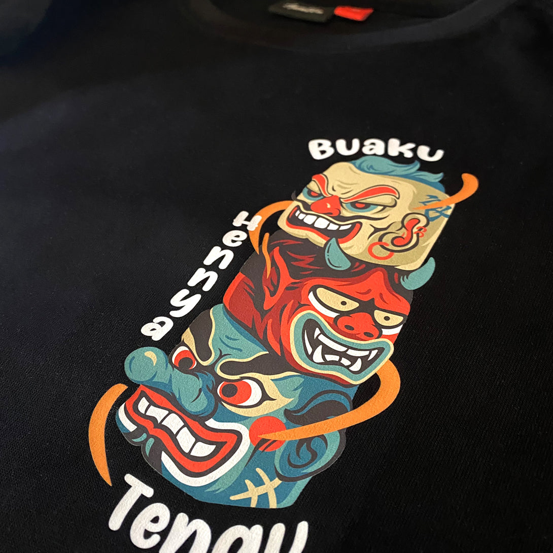 Legendary creatures - a close-up of a design of legendary creatures found in Japanese folk religion, printed on the Japanese style heavyweight T-shirt-1