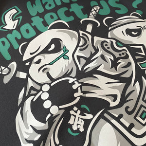 Panda Gang - a close-up of the Panda graphic design with slogan ‘save the panda’ printed on the front of the Japanese style dark grey hoodie-1