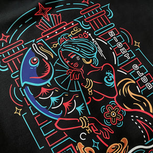 Neon - a close-up of the design inspired by vintage Shanghai neon lights printed on the back of a Japanese style black hoodie-1