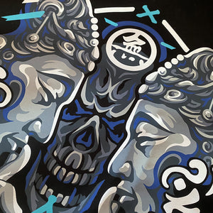 Umarekawari- a close-up of a design of Buddhas confronting the evil illustration printed on the front of a black sweatshirt -1