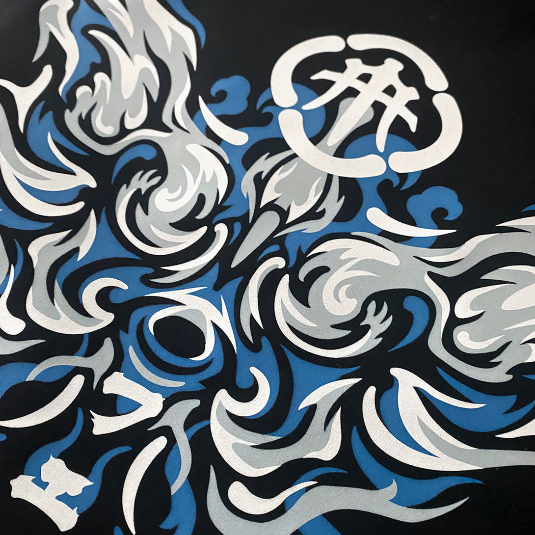 Fenikkusu- a close-up of a design of a traditional Japanese phoenix printed on the back of a black sweatshirt-1