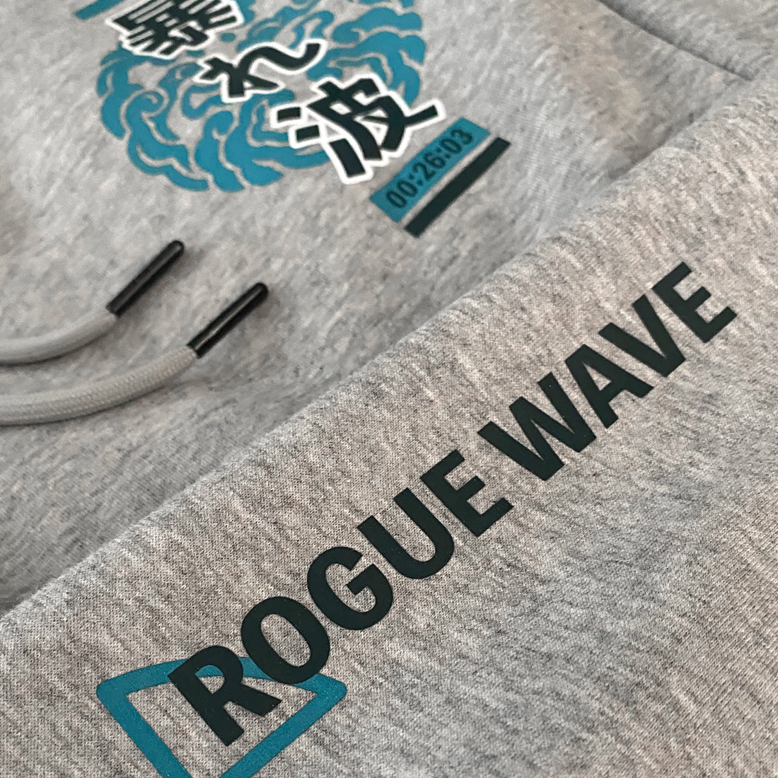 Rogue wave - a close-up of a combination of traditional Japanese patterns and Japanese characters, printed on the Japanese style light grey sweatpants-2