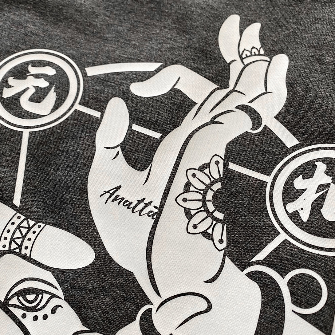 Mudra - a close-up of a graphic design of Buddhism Mudra, printed on the front of a Japanese style dark grey heavyweight T-shirt-1