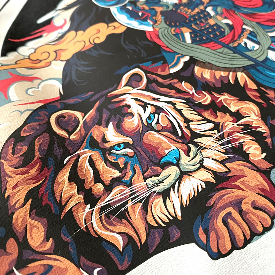 Taming The Tiger - a close-up of the intricate graphic design of an Eastern deity taming a fierce tiger, printed on a Japanese style black heavyweight T-shirt-2