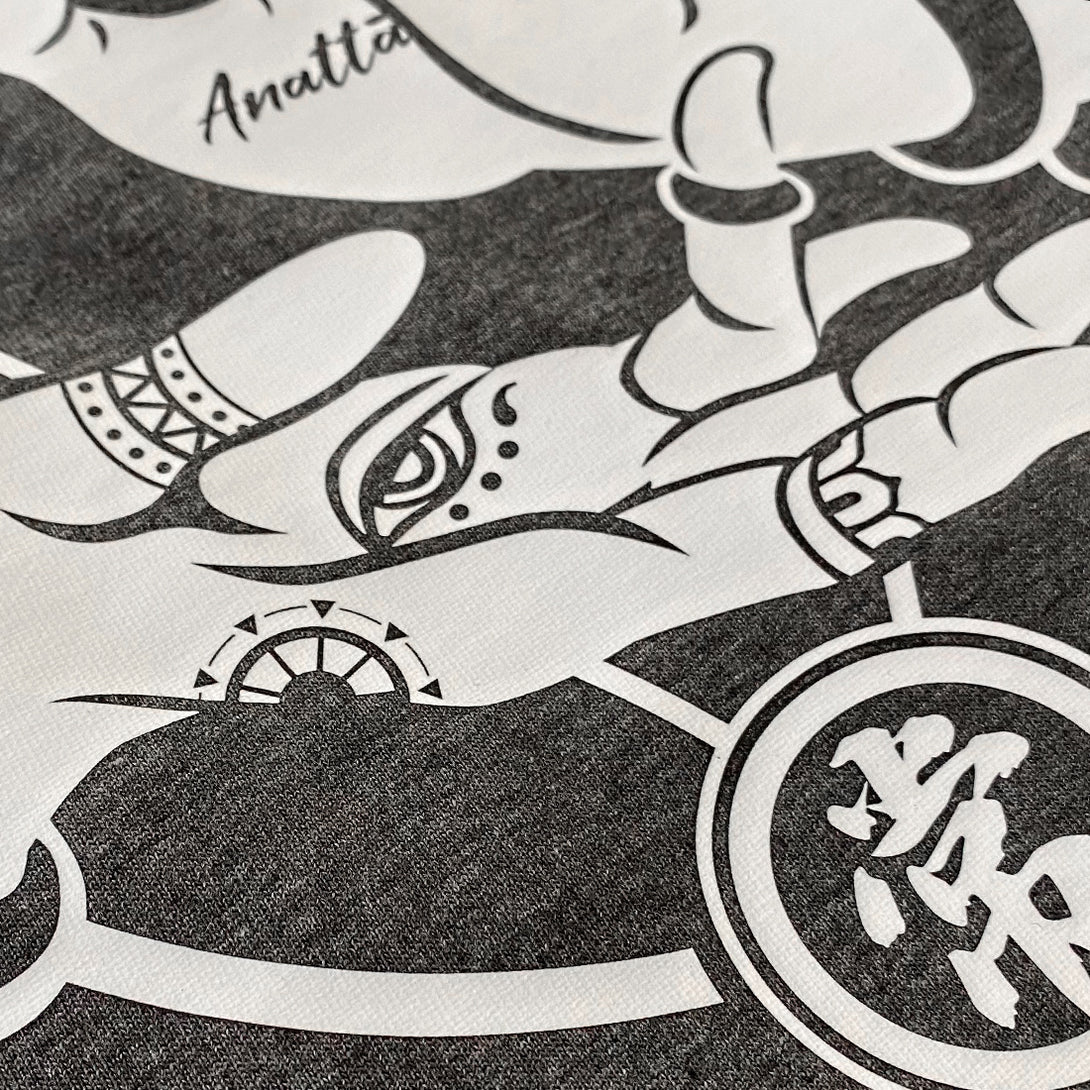 Mudra - a close-up of a graphic design of Buddhism Mudra, printed on the front of a Japanese style dark grey heavyweight T-shirt-2