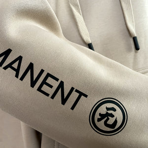 Mudra - a close-up of the graphic design on a Japanese style Khaki hoodie sleeves