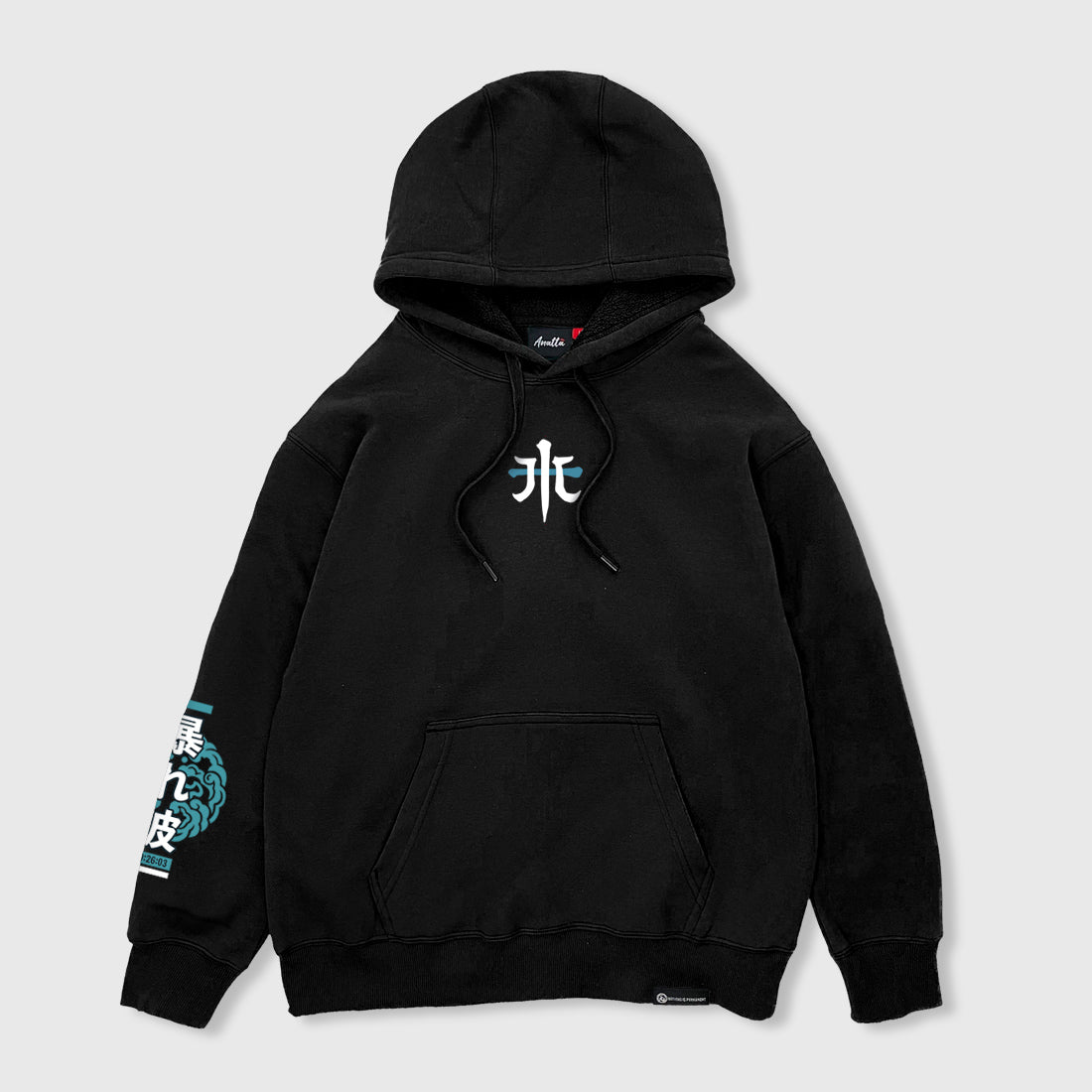 Rogue wave - Front view of the Japanese style black hoodie, featuring a small graphic design