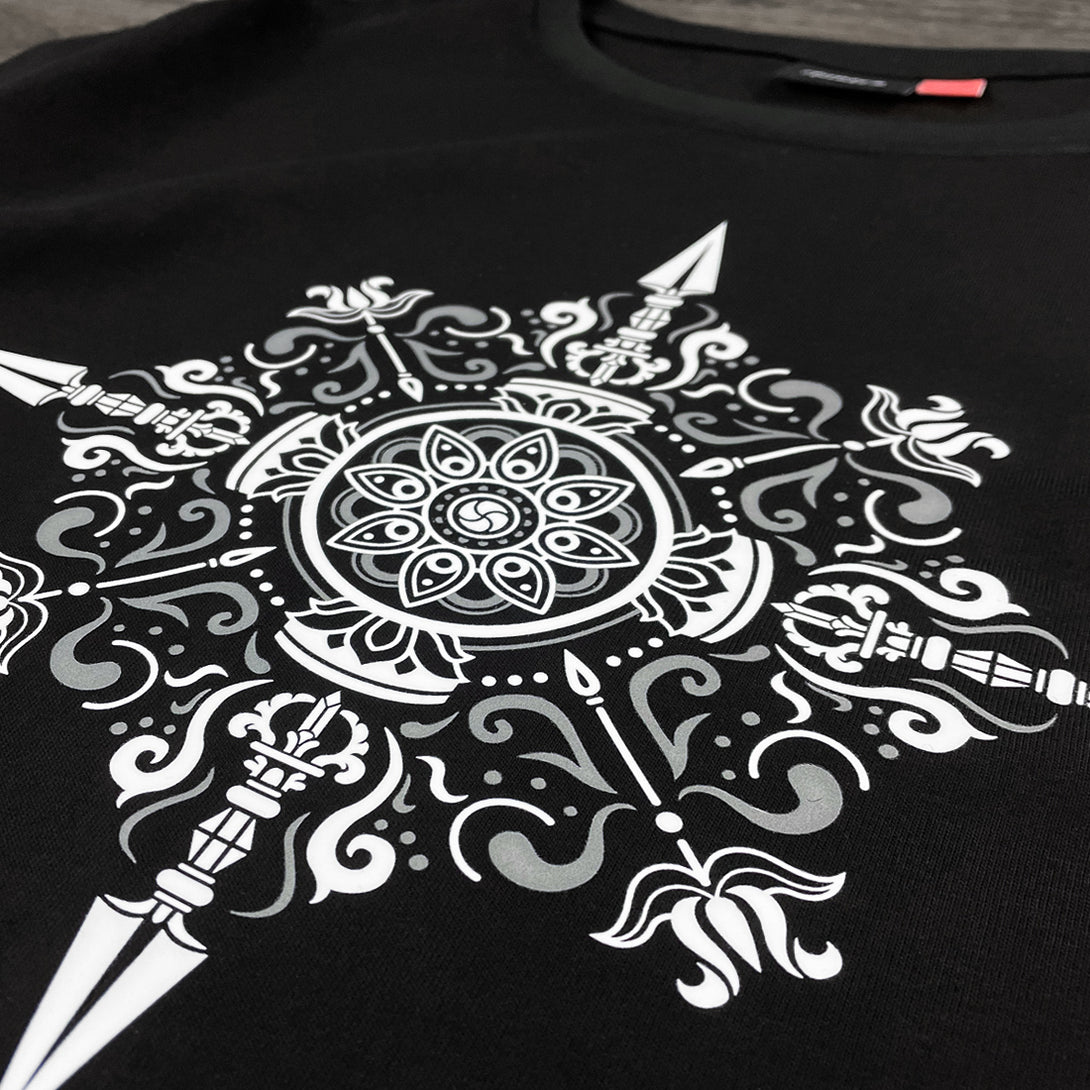 Vajra - a close-up of an exquisite design inspired by Buddhism's Vajra printed on the Japanese style black heavyweight T-shirt-1