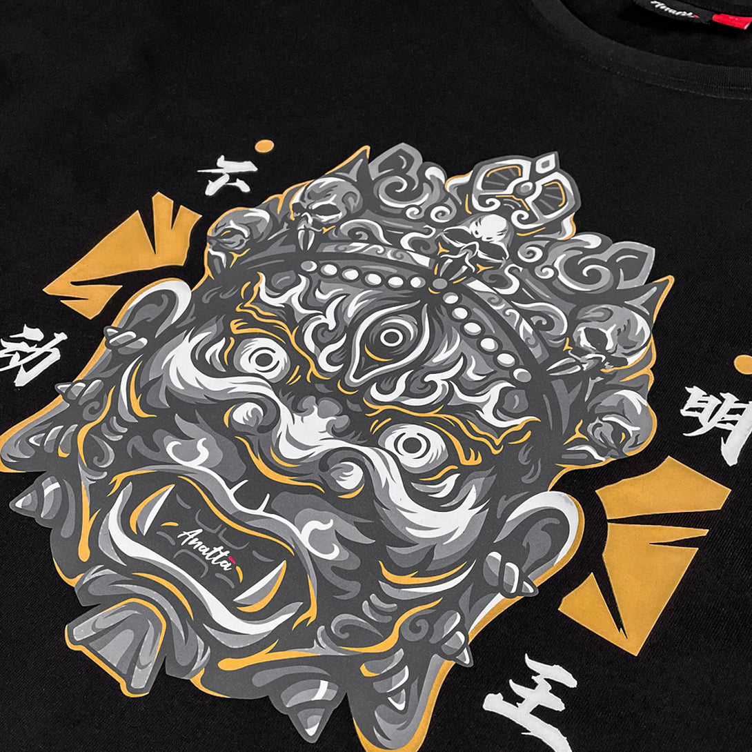 fodo myoo - a close-up of the graphic design of the Japanese buddhist guardian deity-fodo myoo, printed on the front of a Japanese style black heavyweight T-shirt-1