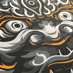 fodo myoo - a close-up of the graphic design of the Japanese buddhist guardian deity-fodo myoo, printed on the front of a Japanese style black heavyweight T-shirt-2